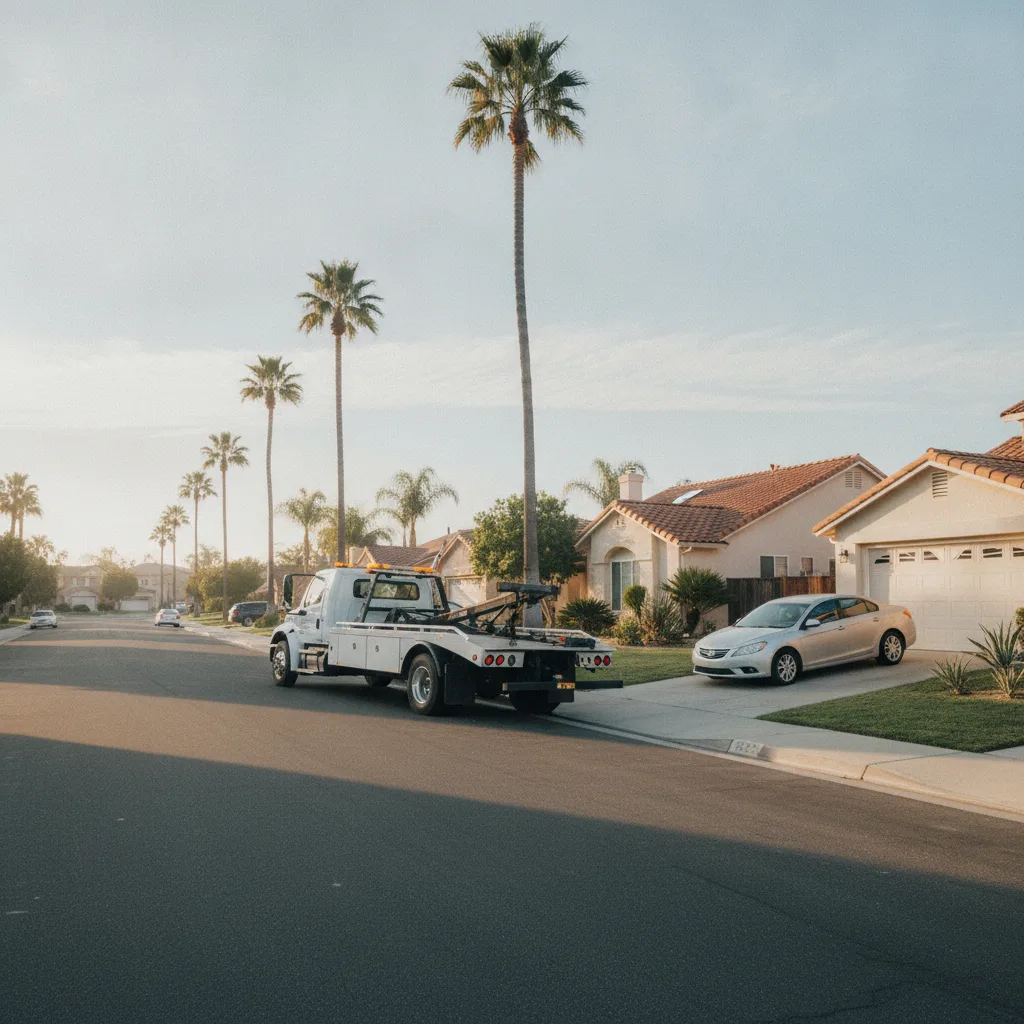 A wheel-lift tow truck parked on a quiet LA residential street beside a car in an open driveway at dusk