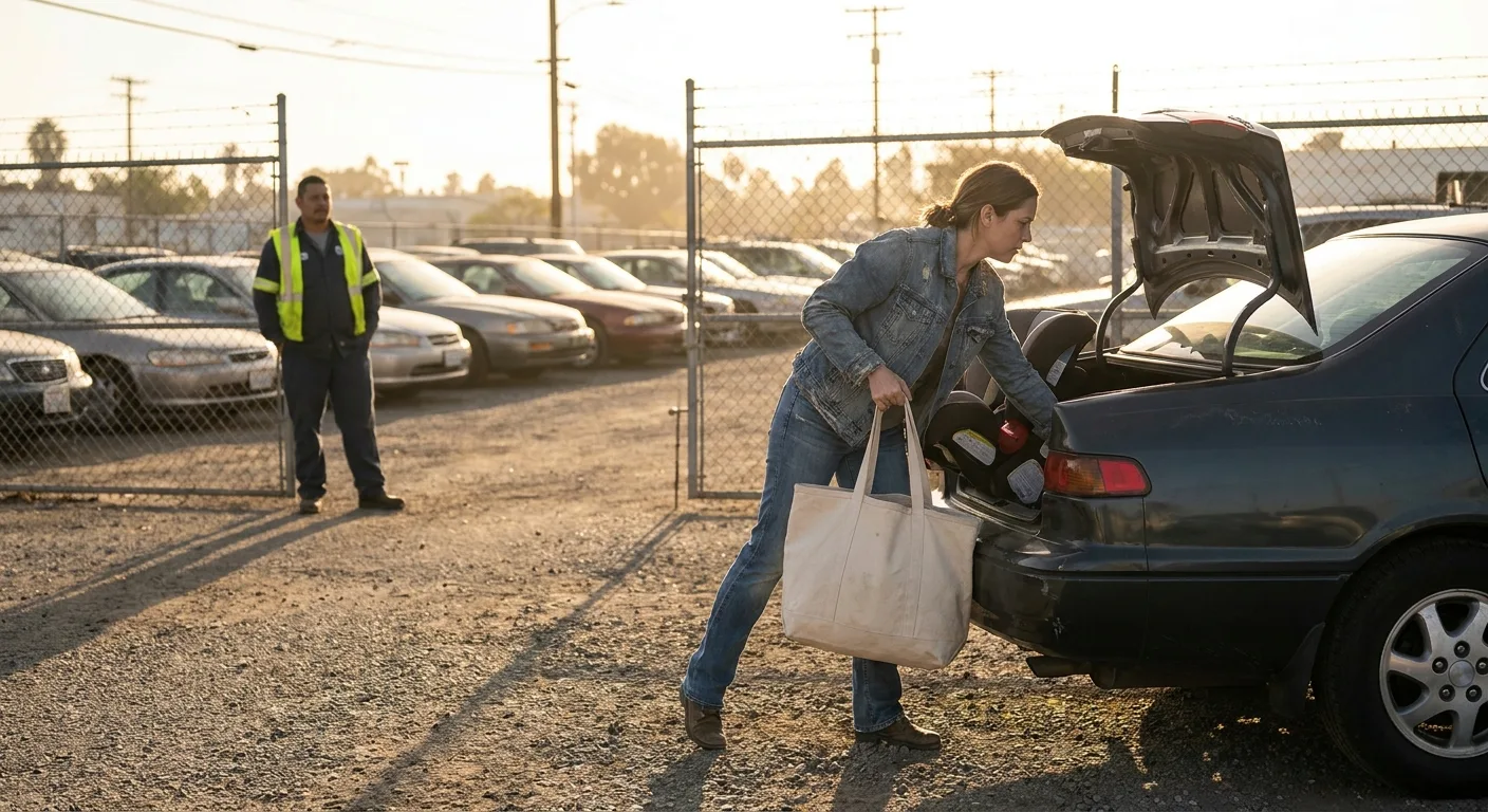 Driver lifting a tote bag and child car seat from the trunk of a towed car at an impound yard