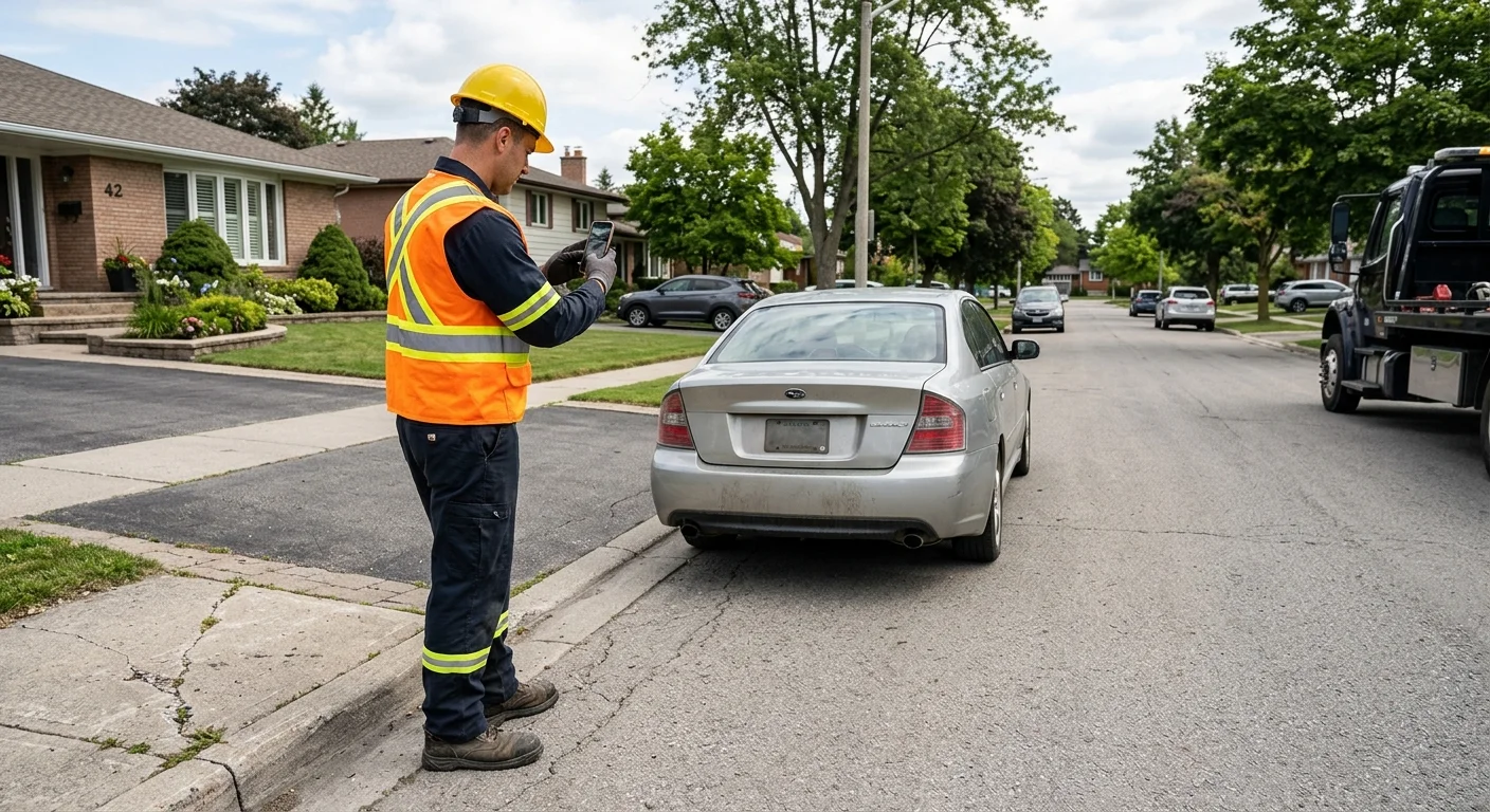 A car parked squarely across a residential Los Angeles driveway, blocking a homeowner's access to the street.