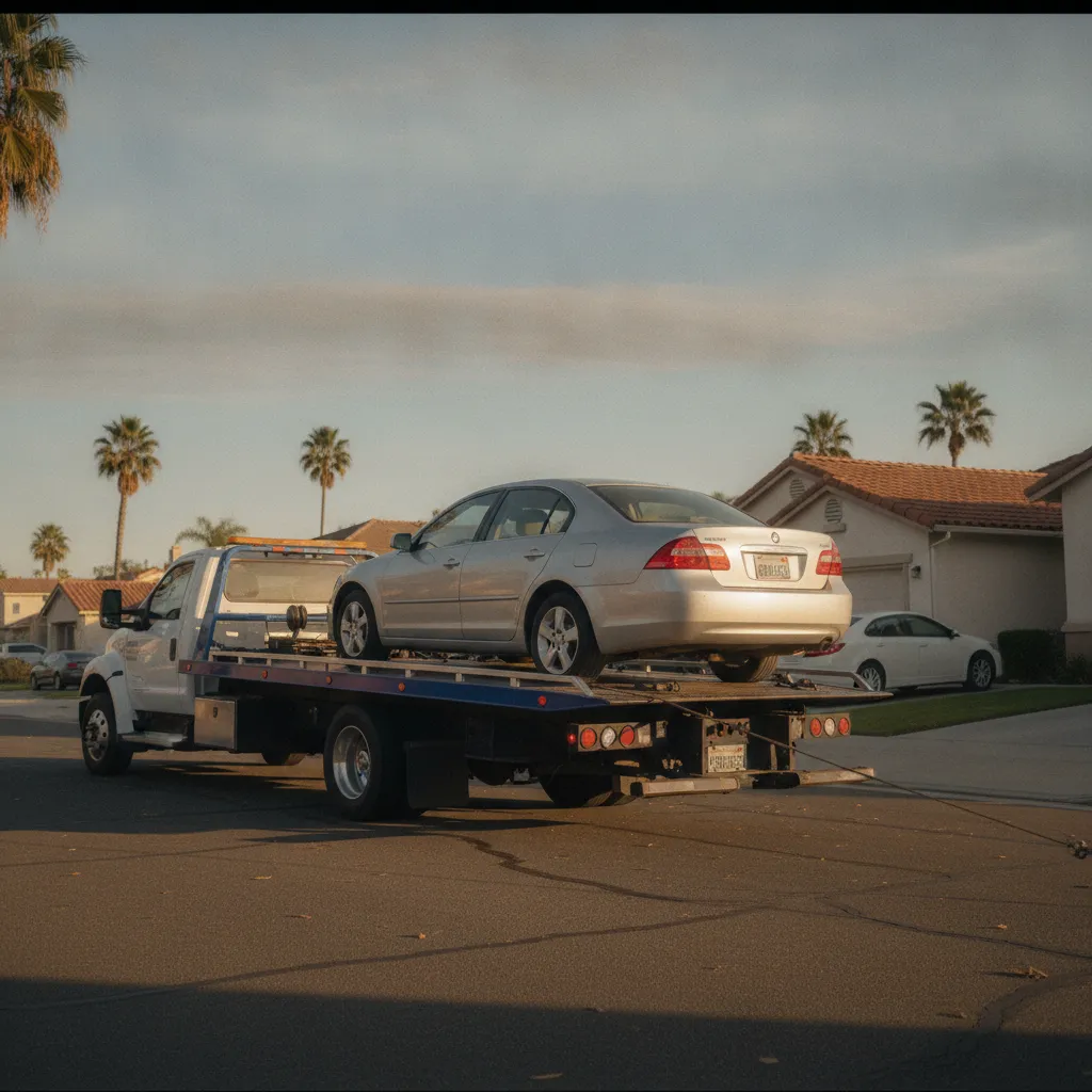 A sedan being loaded onto a flatbed tow truck on a Los Angeles street