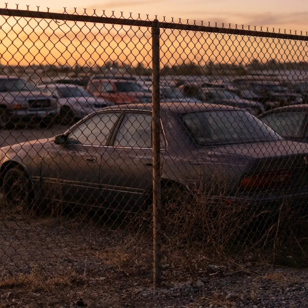 Impound lot gate with a row of towed cars parked behind chain-link fencing