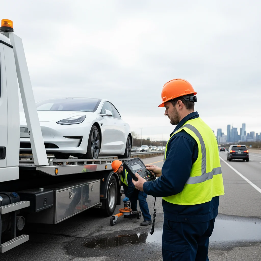 Modern electric vehicle loaded on a low-clearance flatbed tow truck with soft-strap wheel nets securing all four wheels