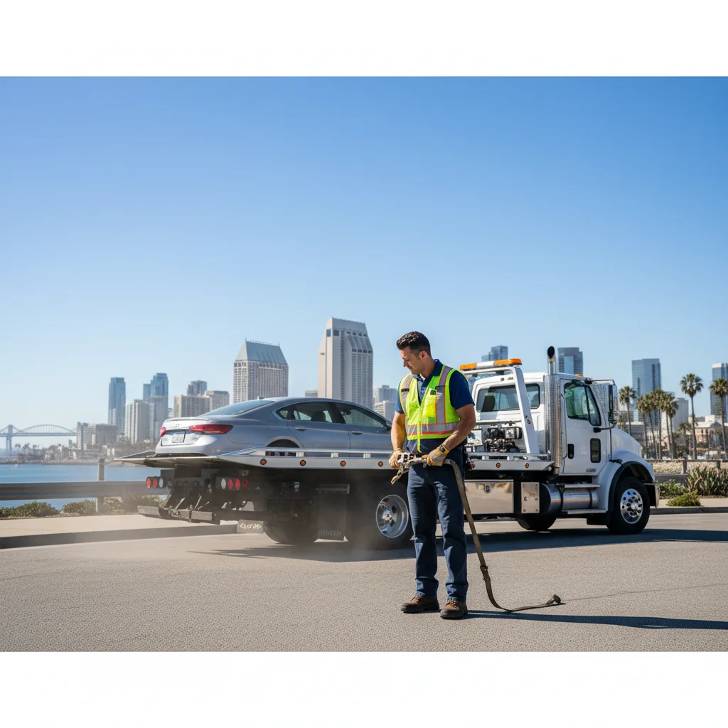 A flatbed tow truck loading a sedan on a Los Angeles street