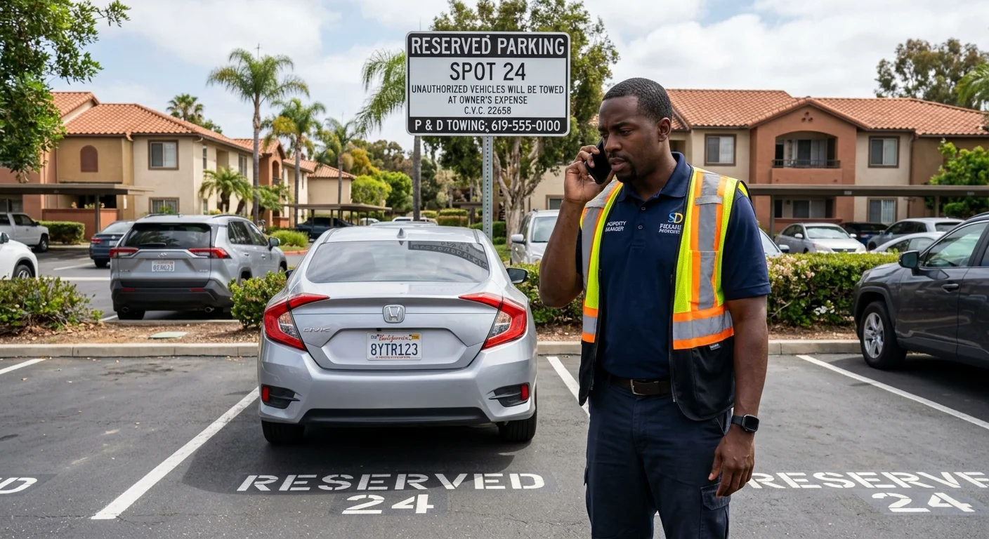 A property manager on the phone beside a vehicle parked in an assigned spot at a multi-unit LA County apartment complex