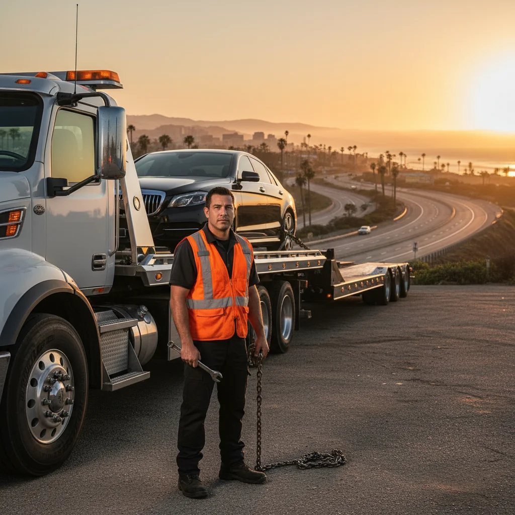 Flatbed tow truck loaded with a vehicle on a California highway at sunrise heading out of the LA basin