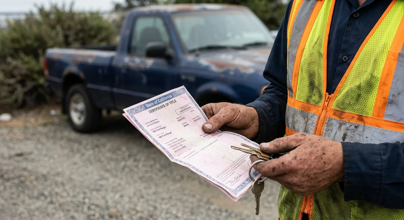 A driver's hands holding a California Certificate of Title (pink slip) and car keys, with an old car in the blurred background