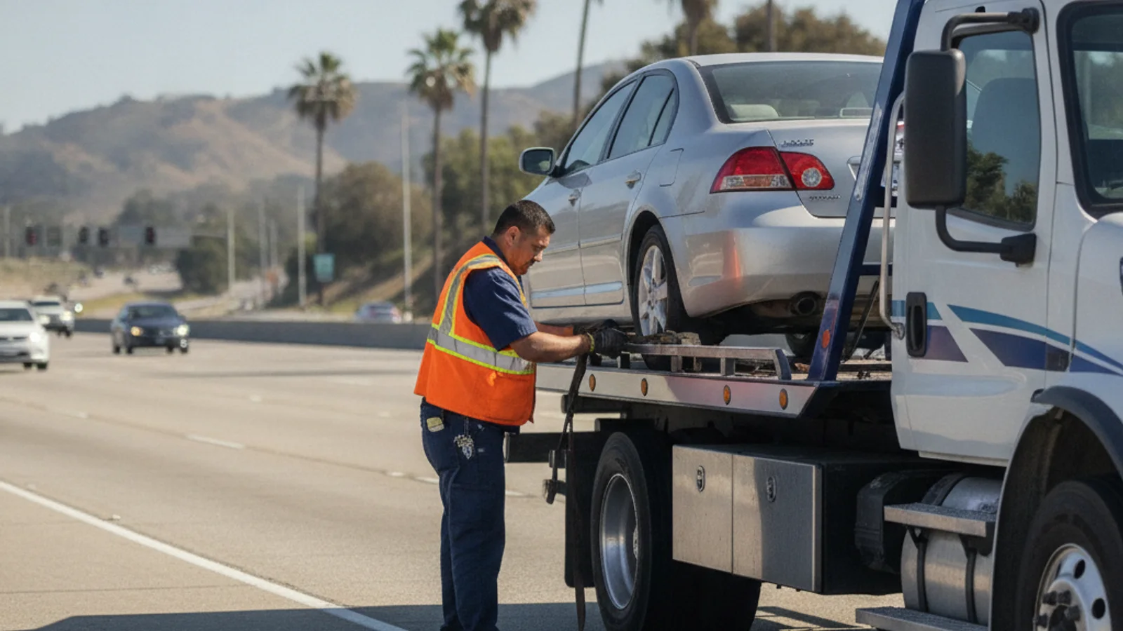Roadside assistance technician helping a stranded driver on an LA County freeway shoulder