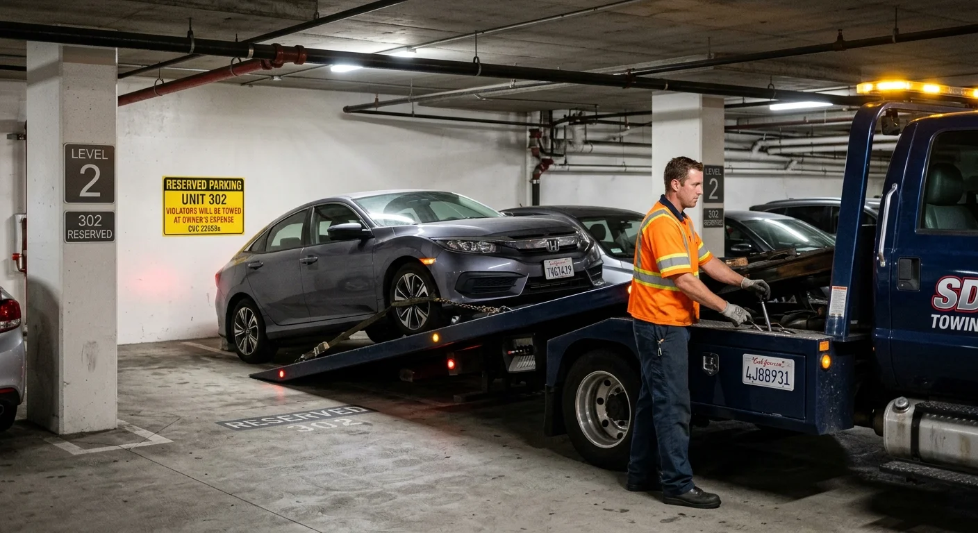 A tow truck carefully removing a car from a reserved parking space in an LA County apartment complex parking garage