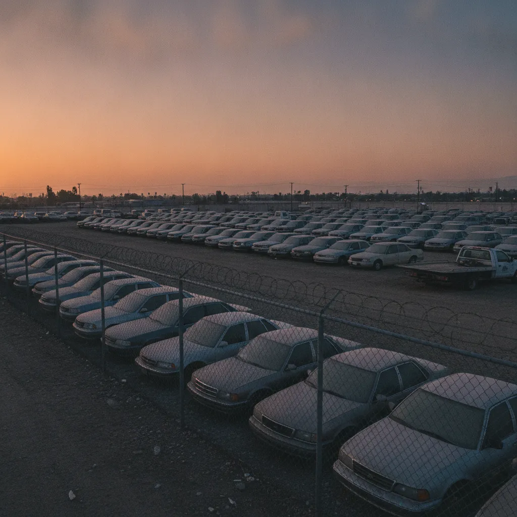 Illustration of cars parked behind a chain-link fence at dusk