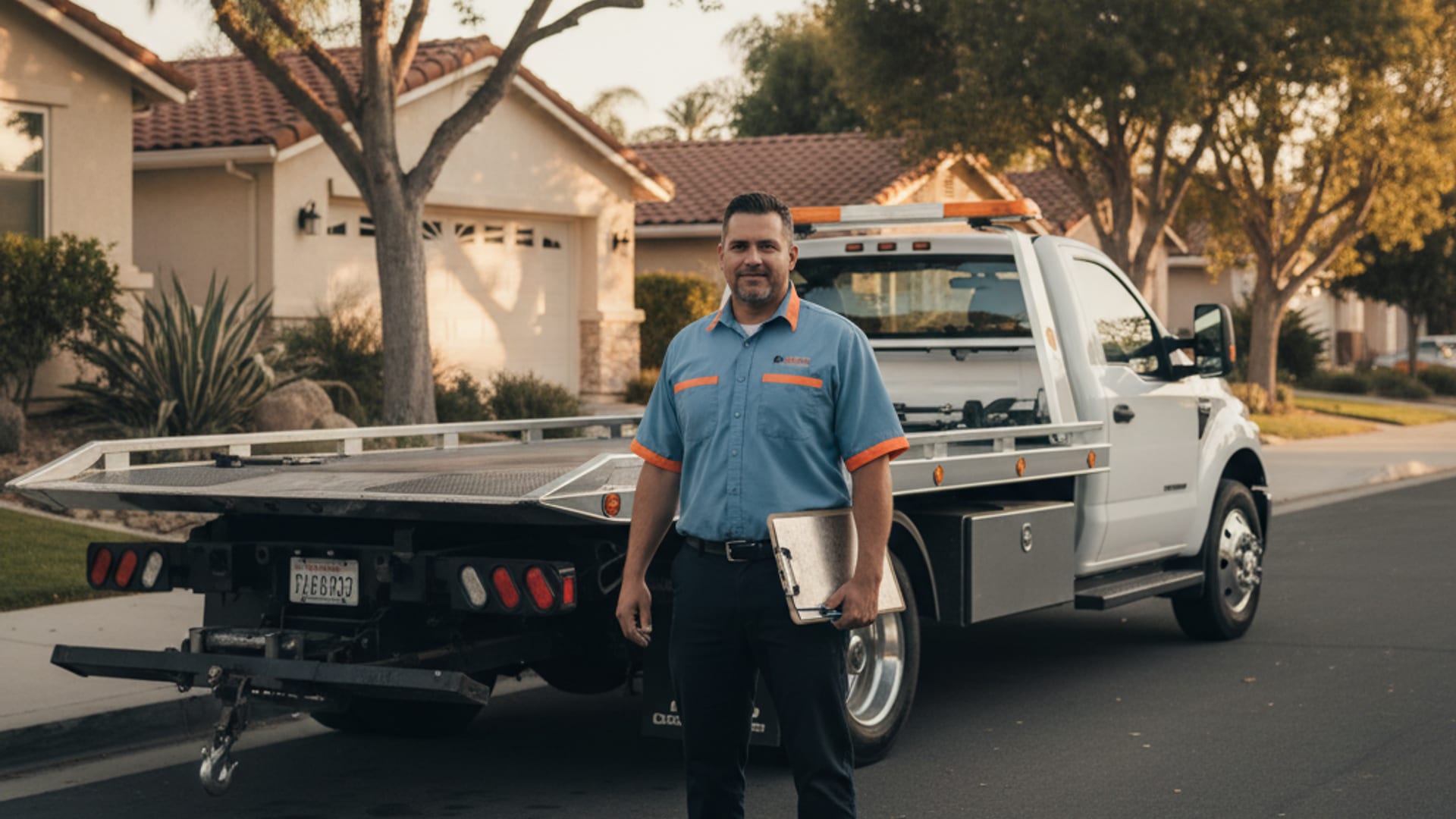 Quick Tow LA driver beside a flatbed rollback at golden hour in a Los Angeles residential neighborhood