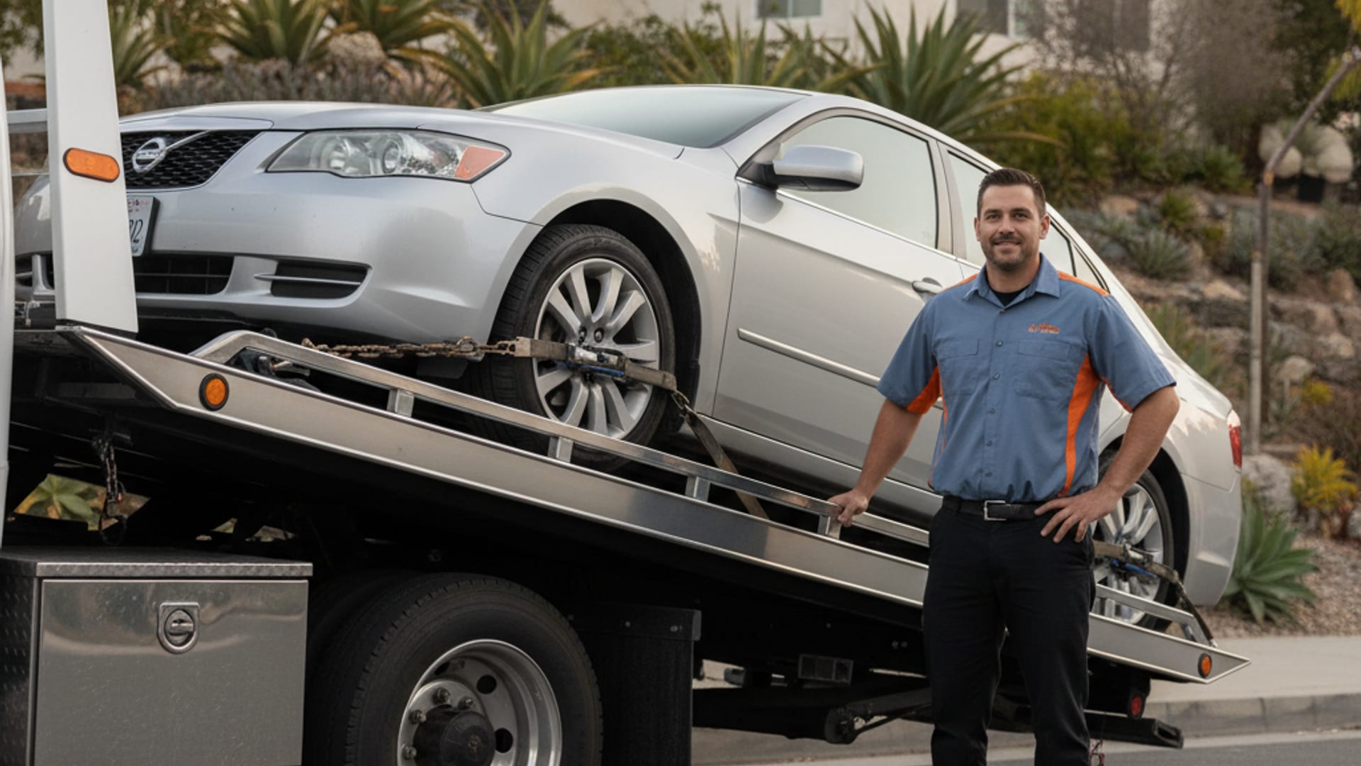 Quick Tow LA flatbed driver loading a disabled vehicle on a Los Angeles street at golden hour