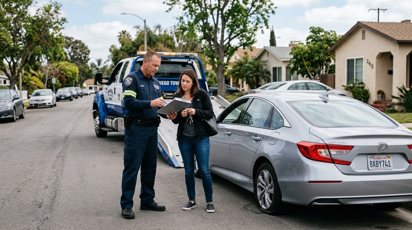 Los Angeles tow operator and customer discussing service options on a freeway shoulder