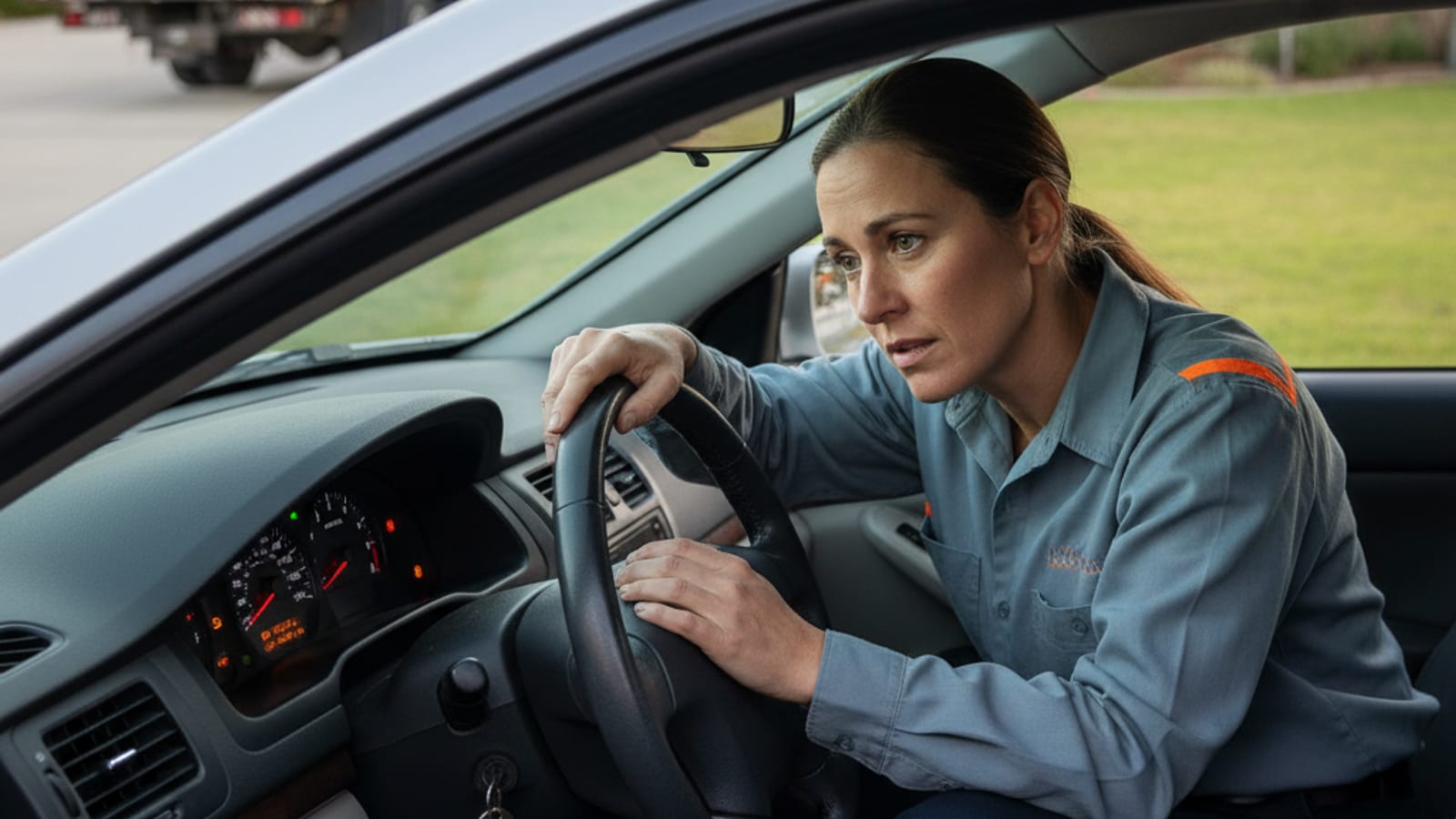 Driver checking dashboard warning lights on a parked car in a Los Angeles driveway