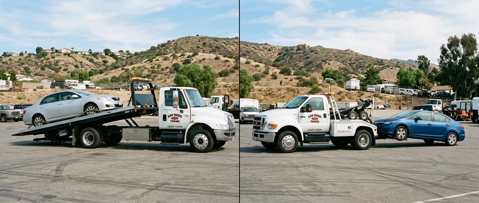 Side-by-side comparison of a flatbed tow truck and a wheel-lift tow truck loading vehicles in a Los Angeles service yard
