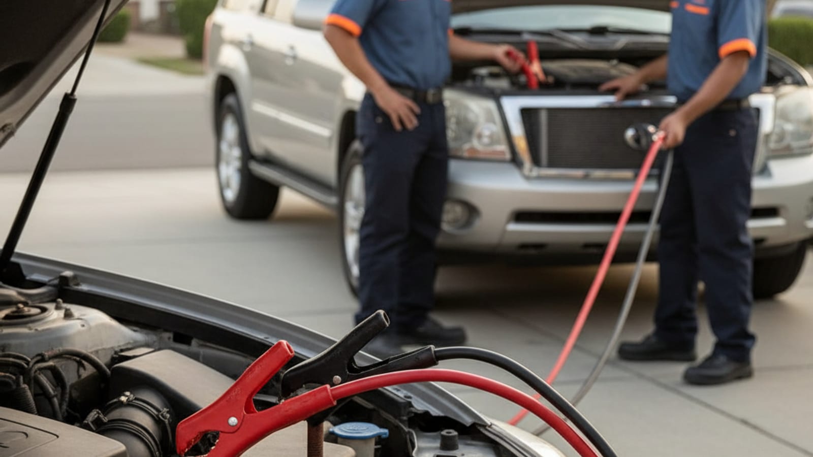 Close-up of jumper cables connected between two car batteries with the donor vehicle running in a Los Angeles driveway