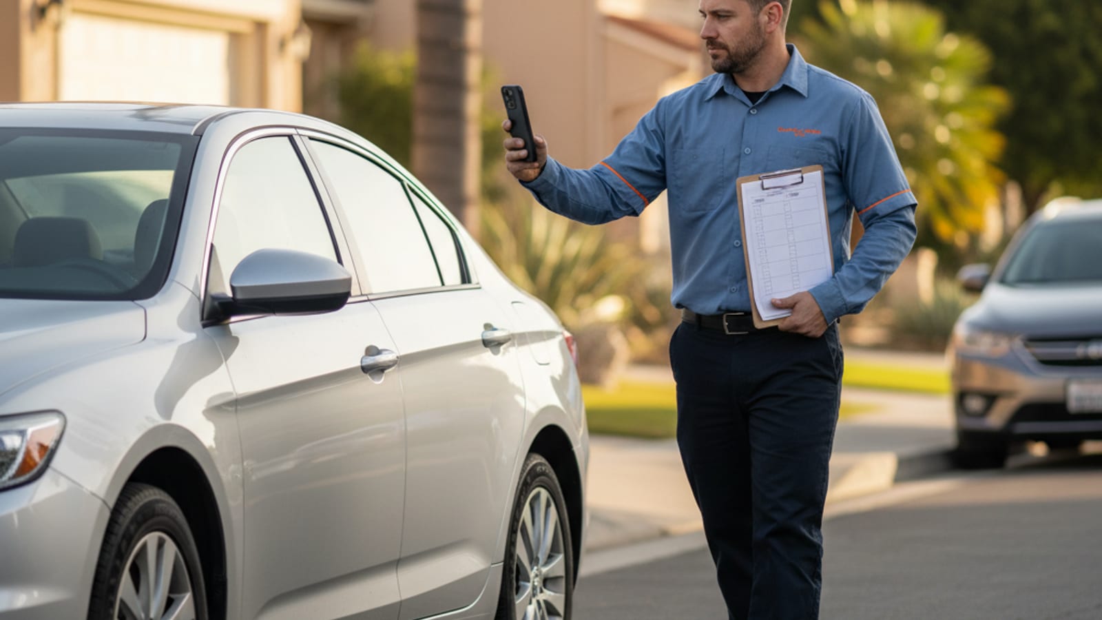 Driver walking around their vehicle making notes before a scheduled tow in a Los Angeles residential street