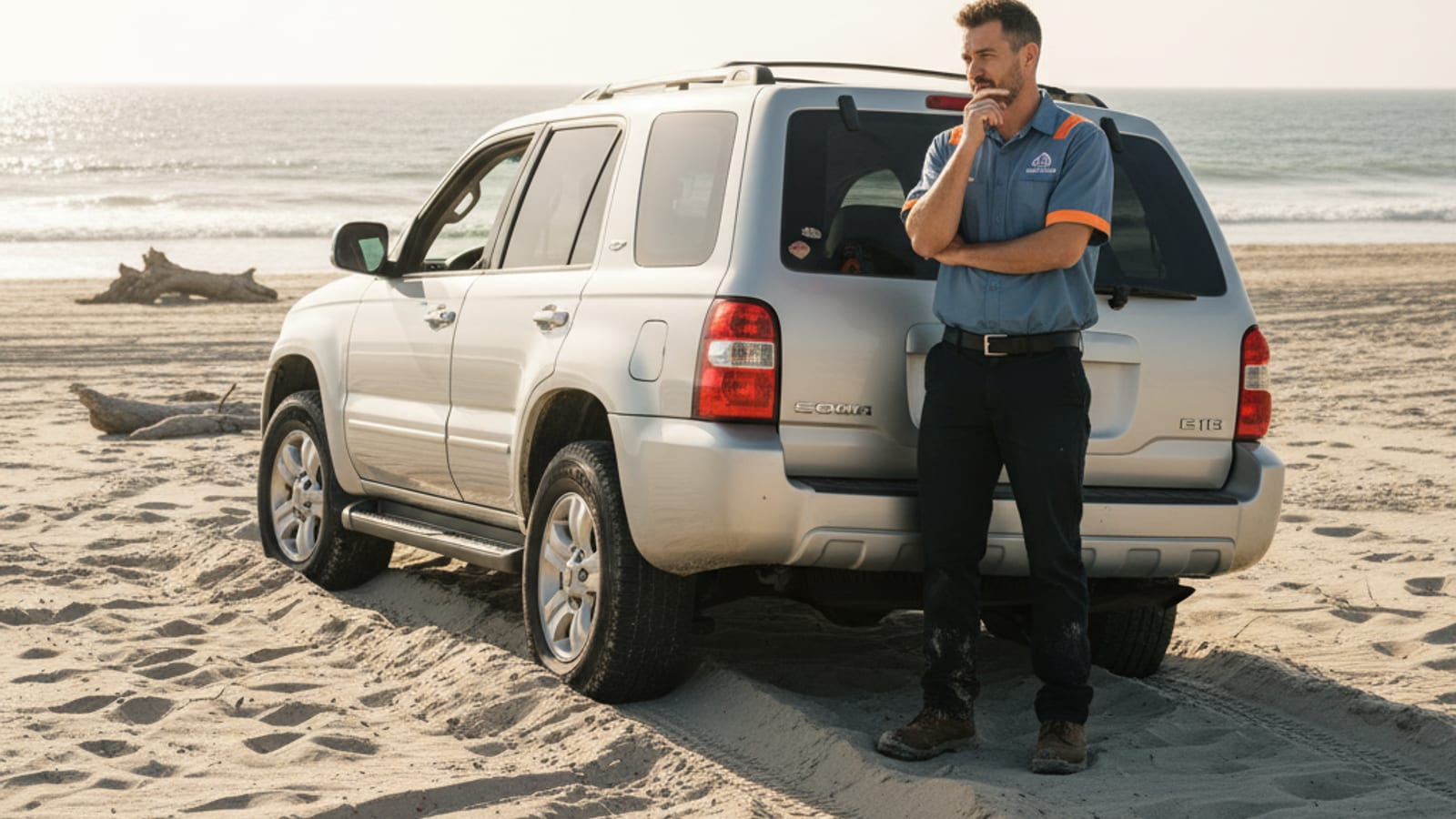 Off-road vehicle stuck in loose sand with visible wheel ruts near a Los Angeles beach access point