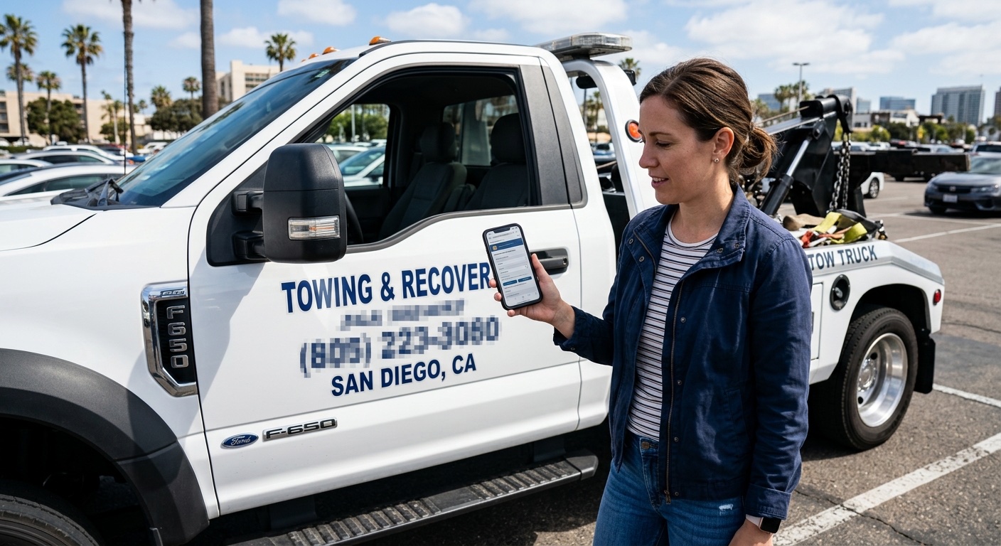 Customer checking a tow operator credentials and CHP MCP number on a smartphone in a Los Angeles parking lot