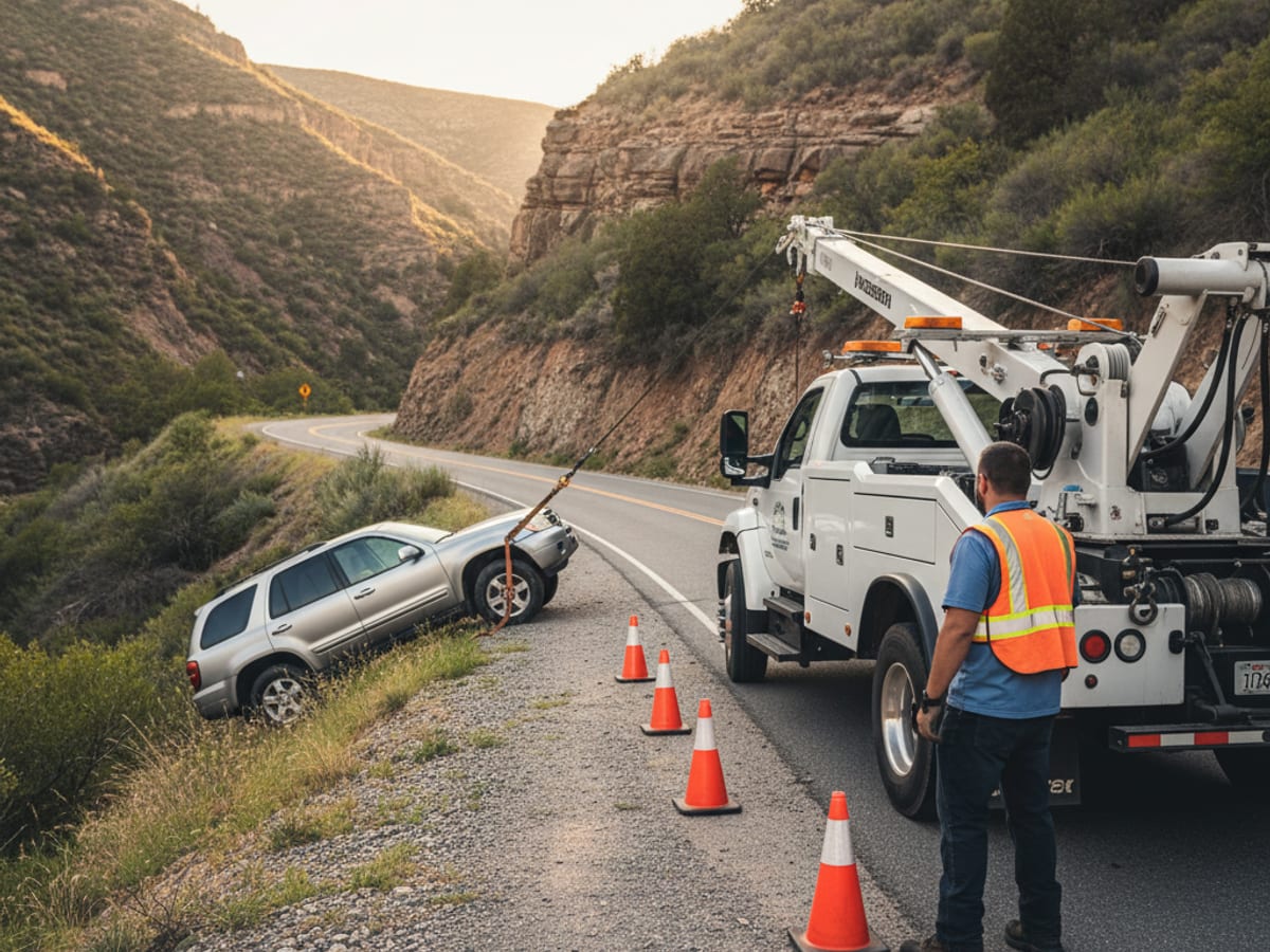 A wrecker recovering a car from a Los Angeles County canyon pullout