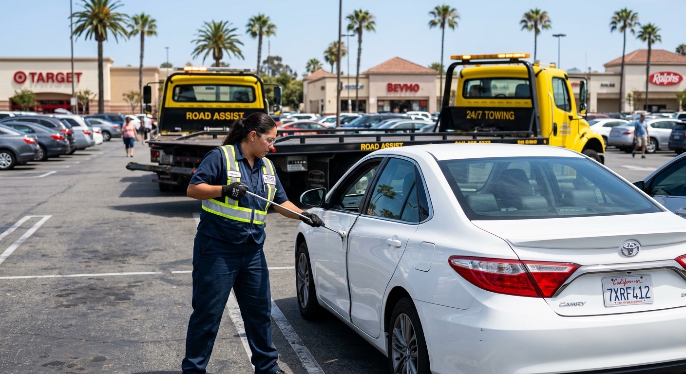 An independent operator using a lockout tool on a sedan in a Los Angeles shopping-center lot