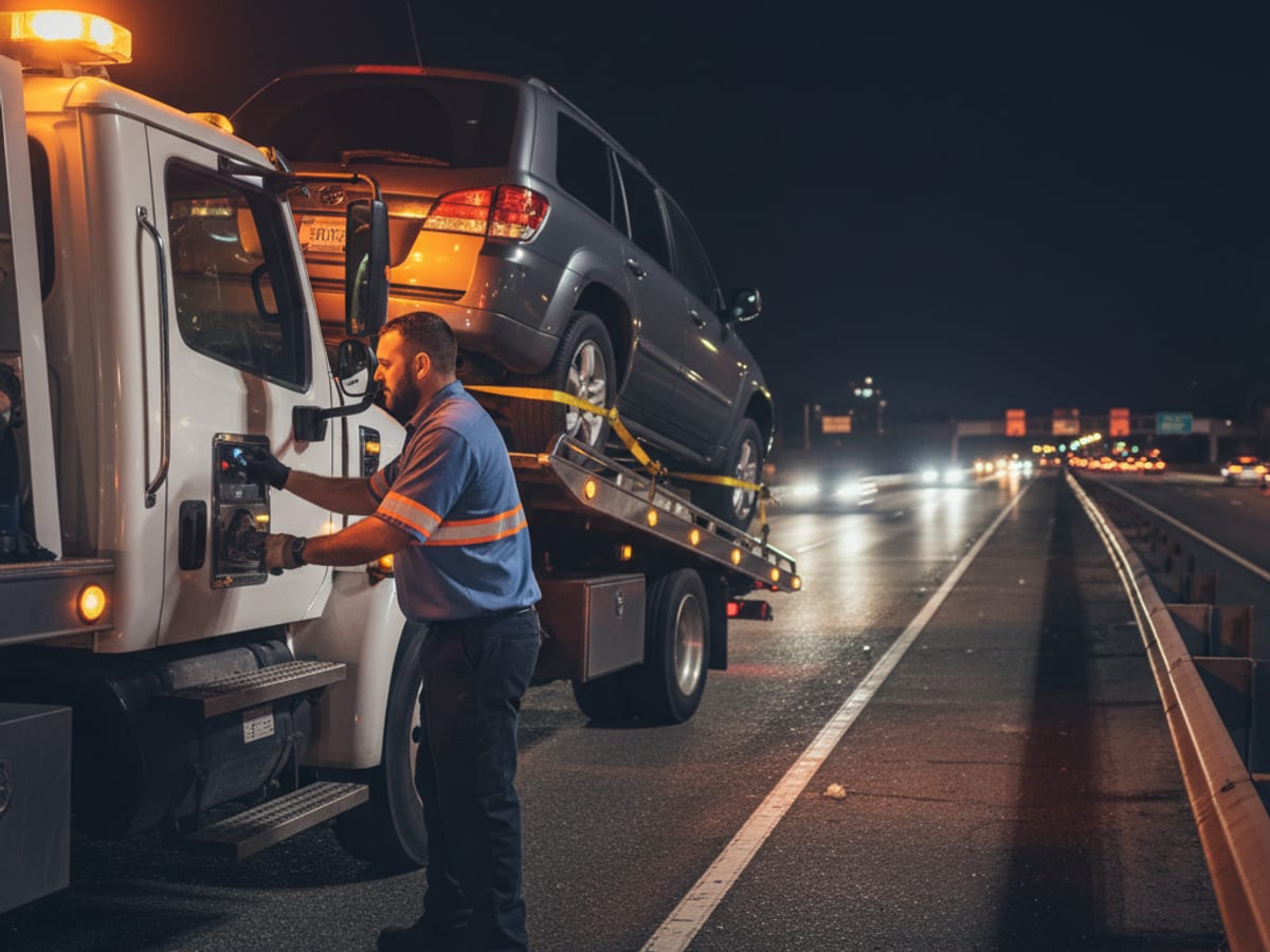 A disabled SUV on a Los Angeles freeway shoulder at night waiting for a tow