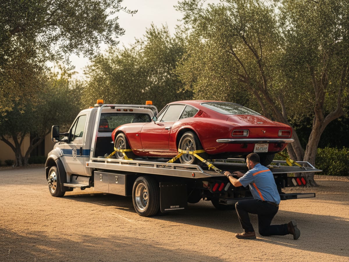 A low-clearance flatbed loading a classic coupe with wheel straps