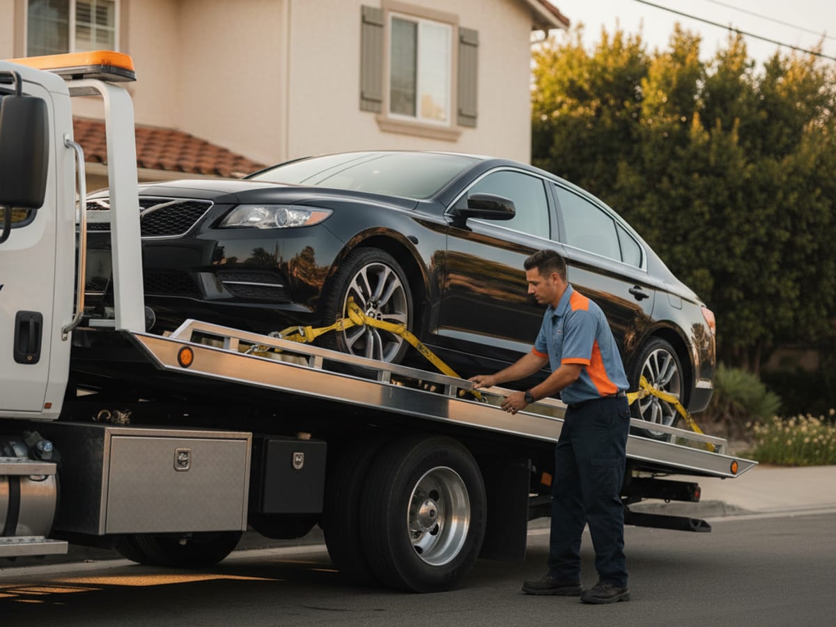 Rollback flatbed loading a car on a Los Angeles residential street