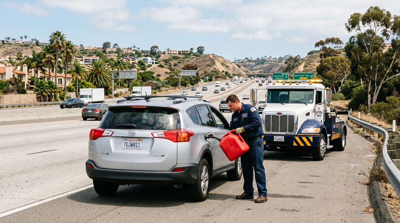 An independent operator pouring fuel from a can into a car on a Los Angeles freeway shoulder