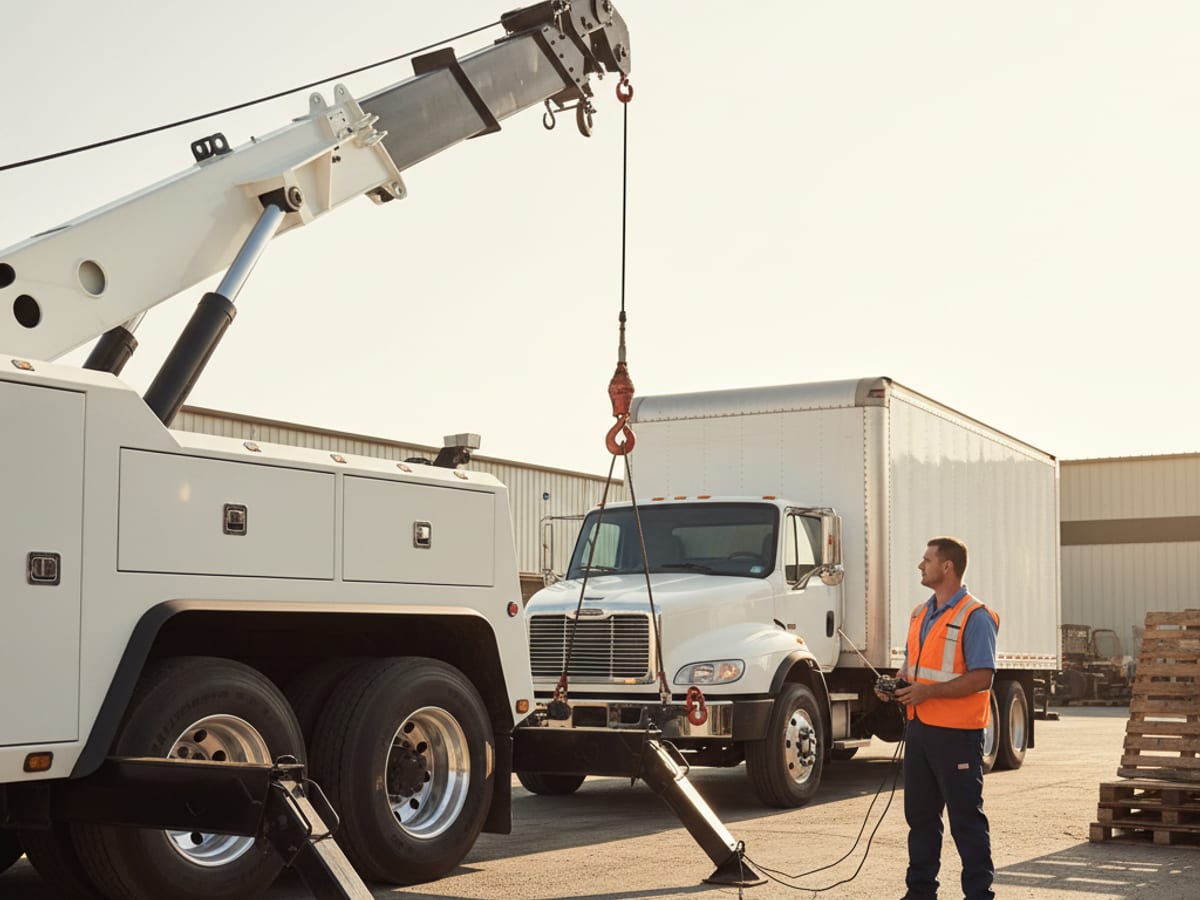 A heavy wrecker hooking a commercial box truck on a Los Angeles industrial lot