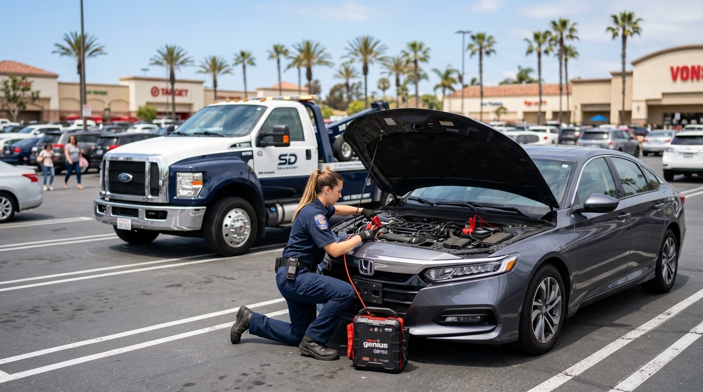 An independent operator connecting a jump pack to a dead battery in a Los Angeles parking lot