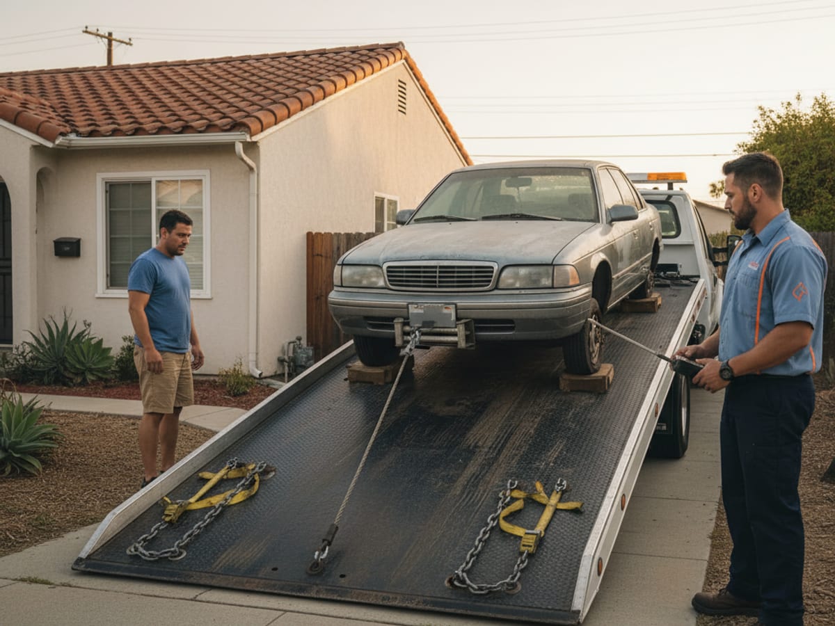 A flatbed loading a non-running sedan from a Los Angeles residential side yard