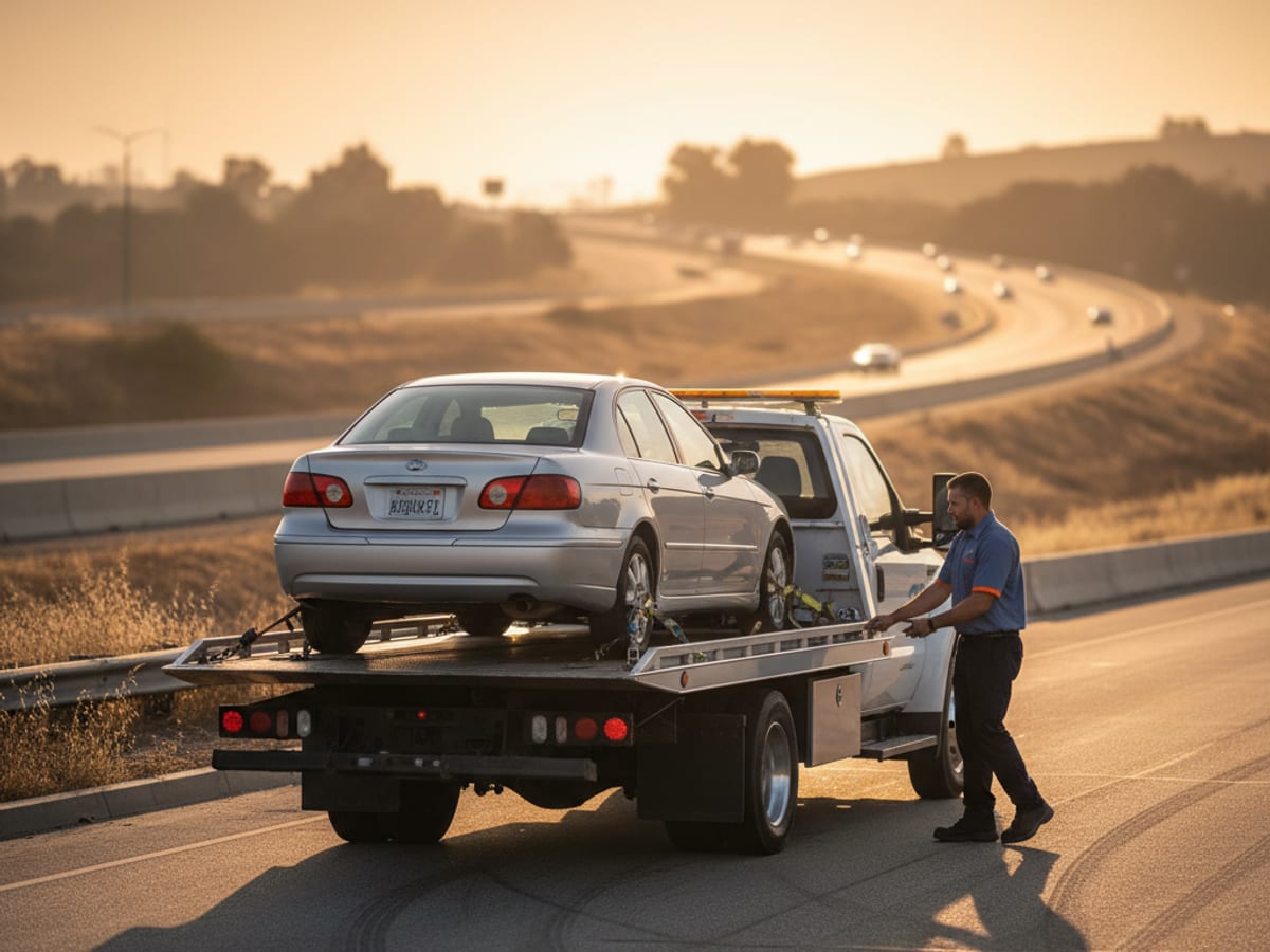 A flatbed staged at sunrise for an out-of-county car move