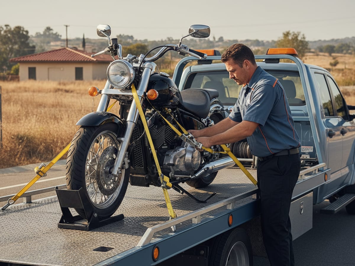 A motorcycle strapped on a low-deck flatbed on a Los Angeles street