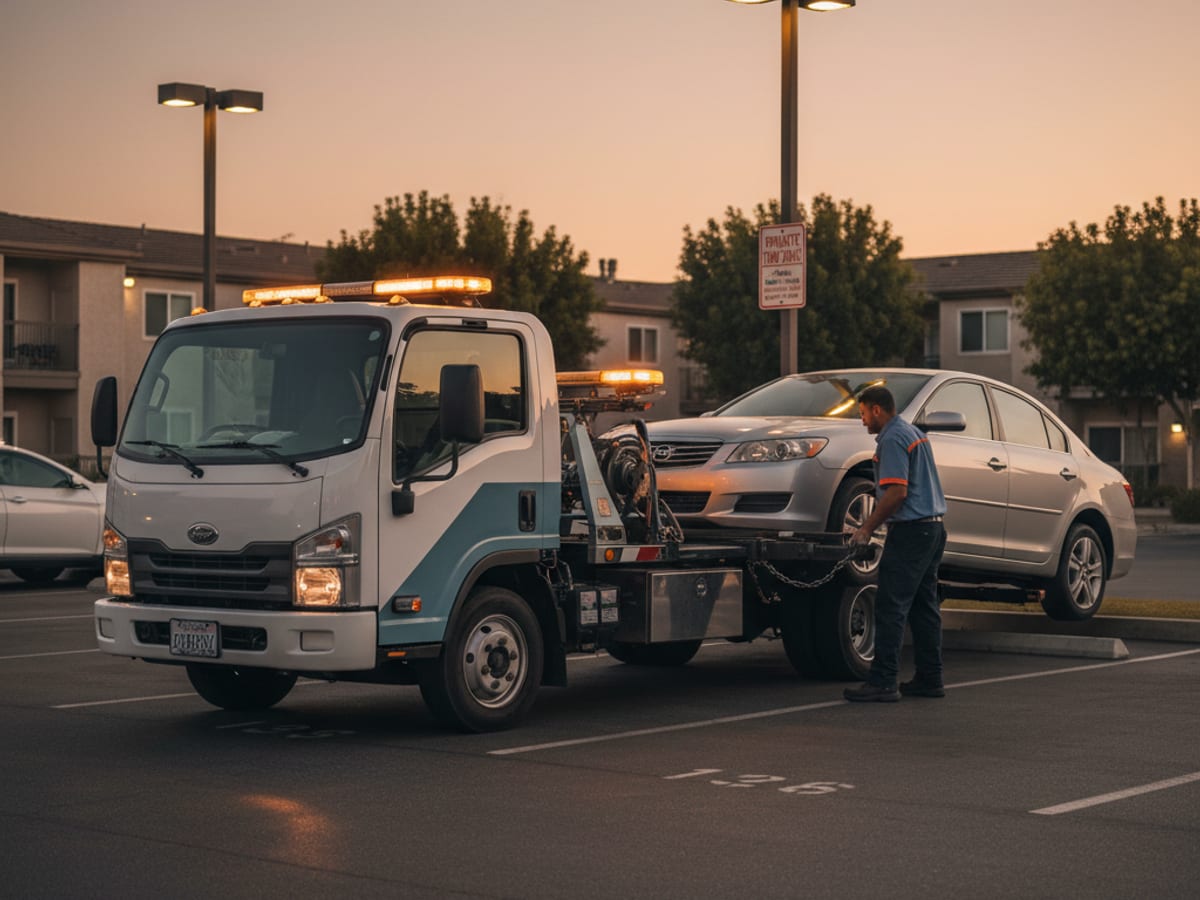 A tow truck in a permit-parking apartment lot in Los Angeles at dusk