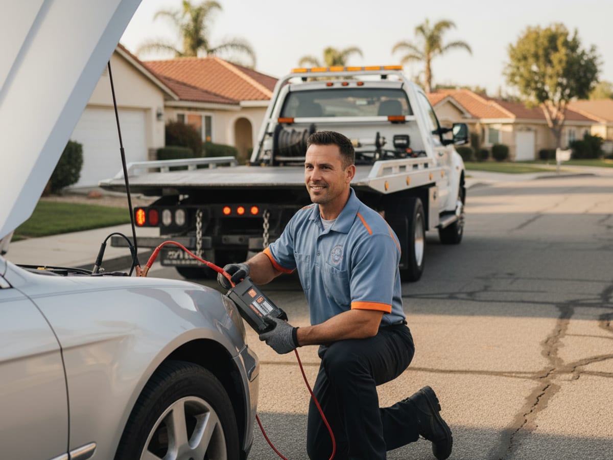 A technician jump-starting a disabled car on a Los Angeles residential street