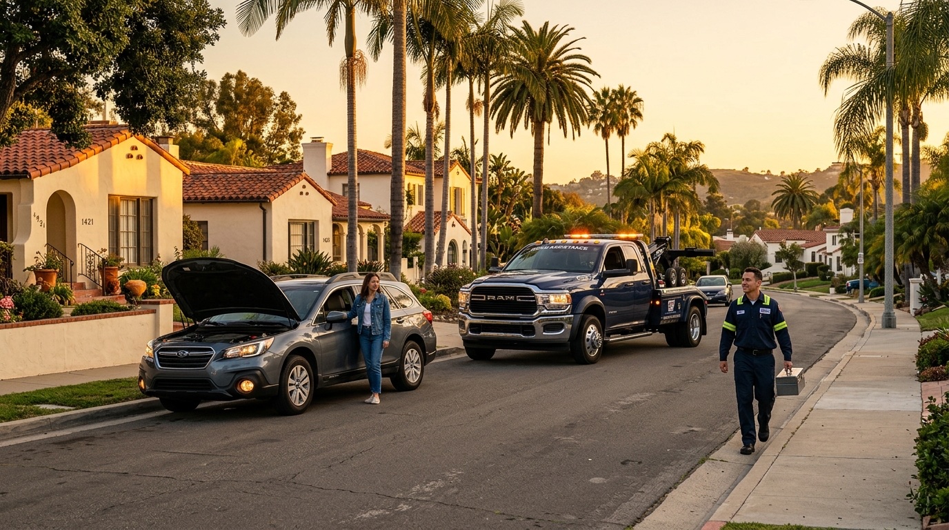 An independent operator arriving at a stranded car in a Los Angeles parking lot