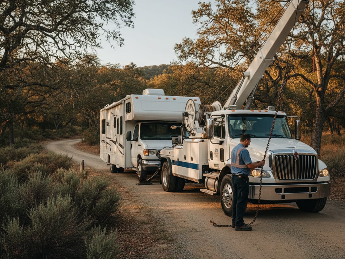 A heavy wrecker towing a Class C motorhome from a Los Angeles County campground