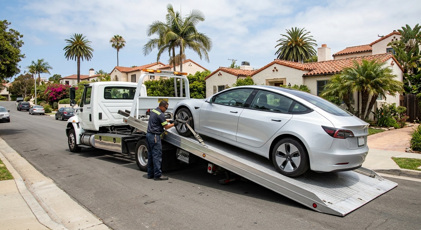 Flatbed preparing to load a Tesla Model 3 on a Los Angeles residential street