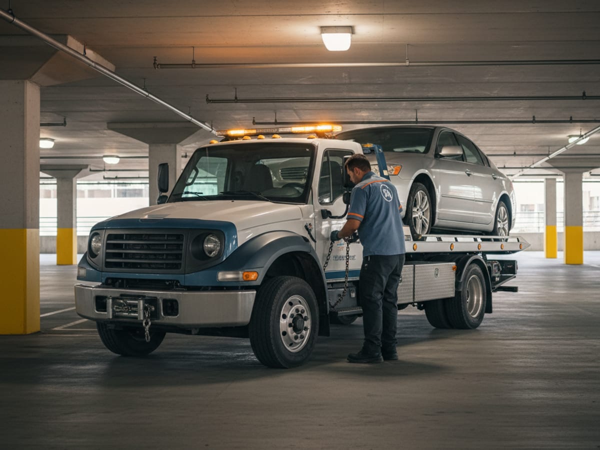 Wheel-lift tow truck preparing to move a sedan in a Los Angeles parking garage